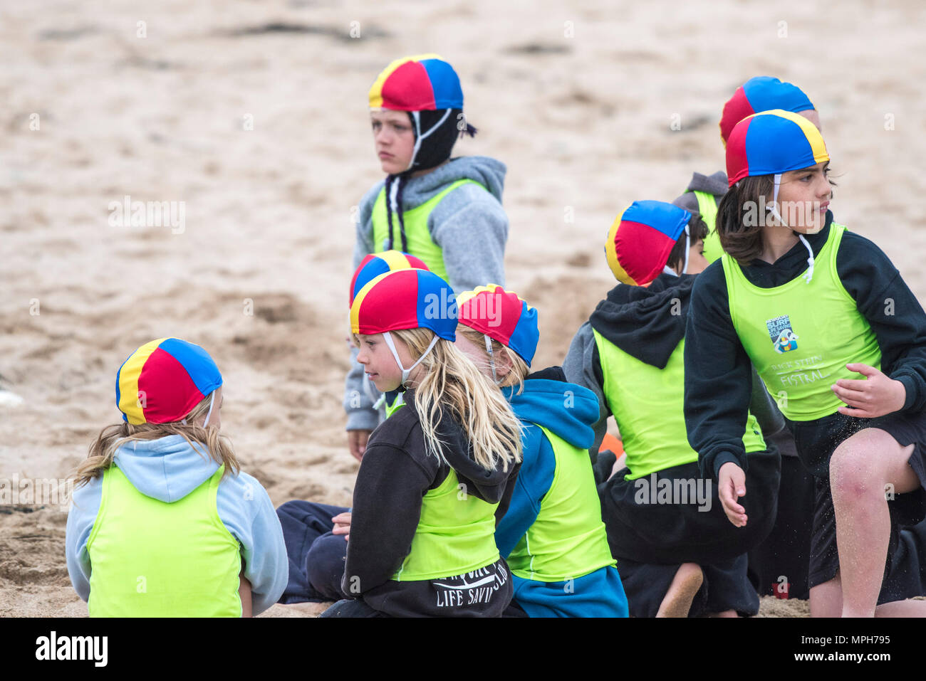 Children at the Newquay Life Saving Club on Fistral Beach in Newquay in Cornwall. Stock Photo