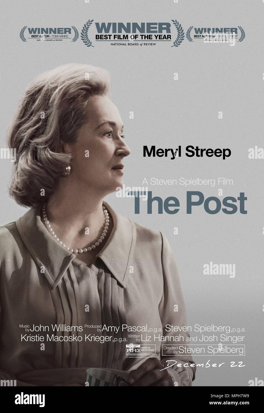 RELEASE DATE: January 12, 2018 TITLE: The Post STUDIO: Twentieth Century Fox DIRECTOR: Steven Spielberg PLOT: A cover-up that spanned four U.S. Presidents pushed the country's first female newspaper publisher and a hard-driving editor to join an unprecedented battle between journalist and government. STARRING: MERYL STREEP as Kay Graham. (Credit Image: © Twentieth Century Fox/Entertainment Pictures) Stock Photo
