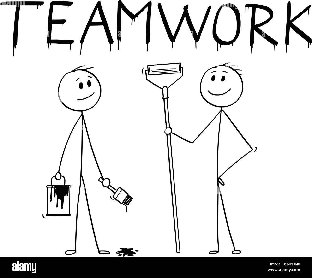 Cartoon of Two Businessmen With Brush, Paint Can and Roller Painting the Word Teamwork Stock Vector