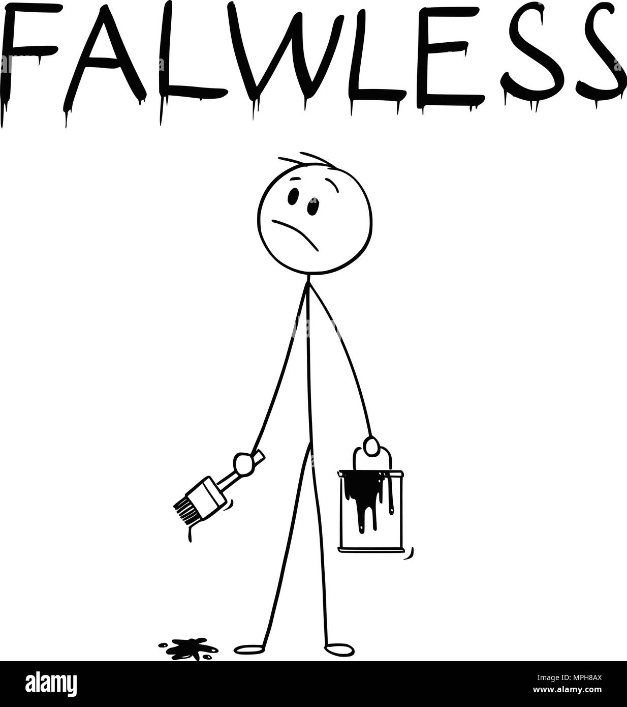 Cartoon of Businessman With Brush and Paint Can Painting the Word Flawless With Spelling Mistake Stock Vector