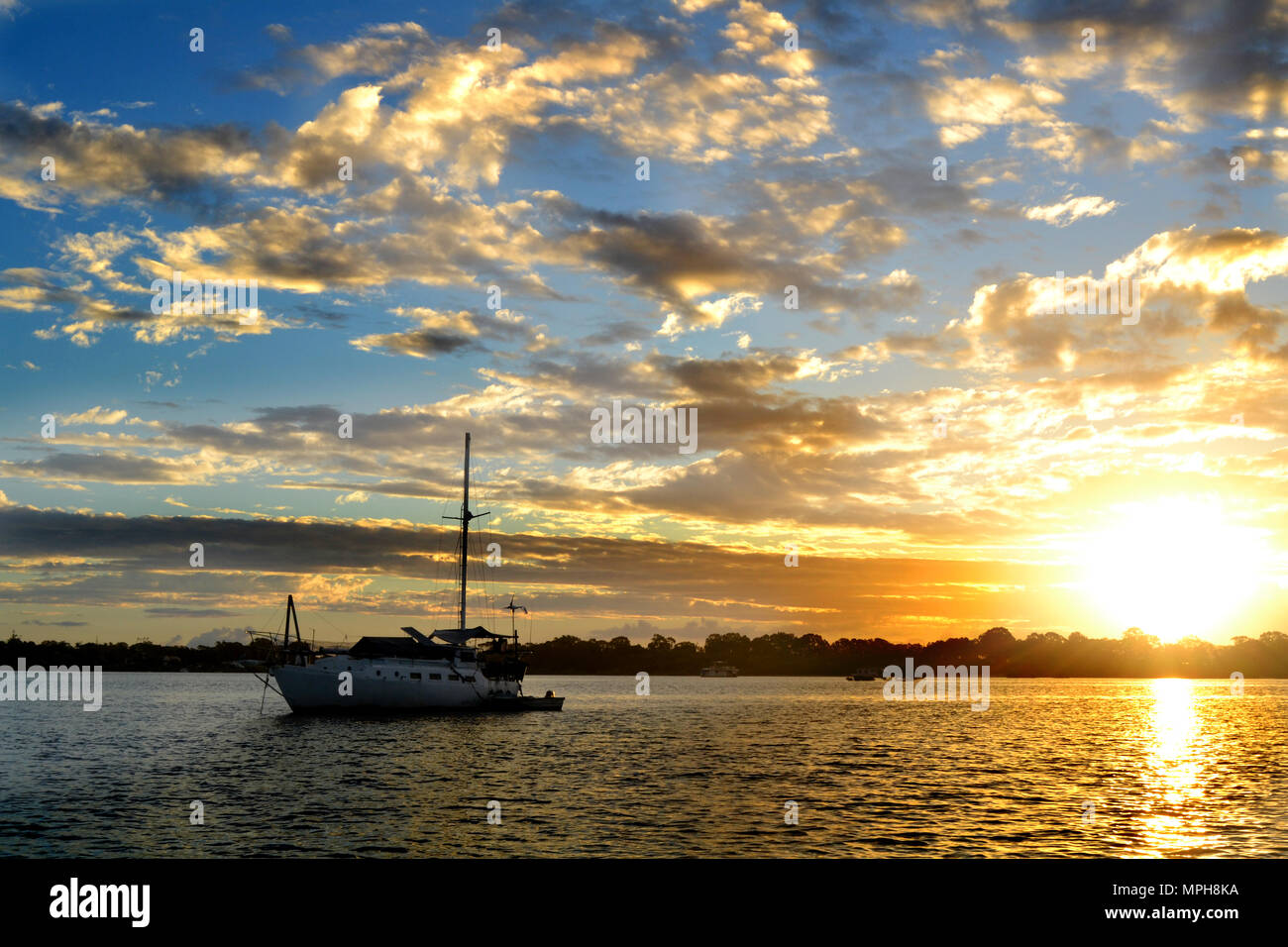 Sailing Yacht Sunset Tin Can Bay Fraser Island Stock Photo Alamy