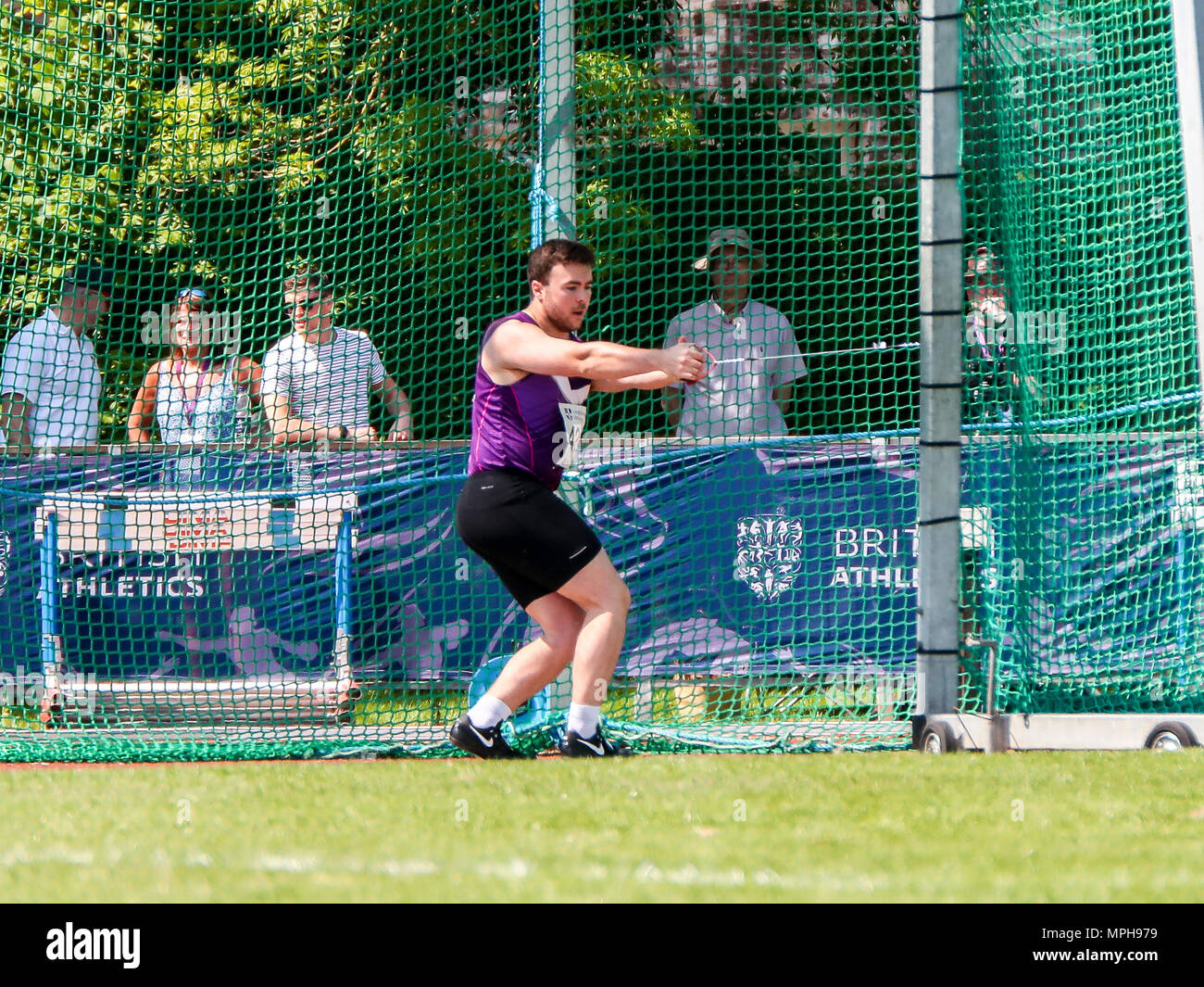 Loughborough, England, 20th, May, 2018.   Peter Cassidy competing in the Men's Hammer during the LIA Loughborough International Athletics annual meeti Stock Photo