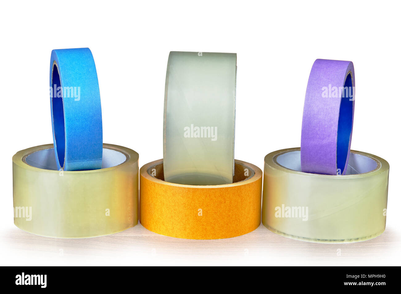Different types of adhesive tape are lined, isolated on white