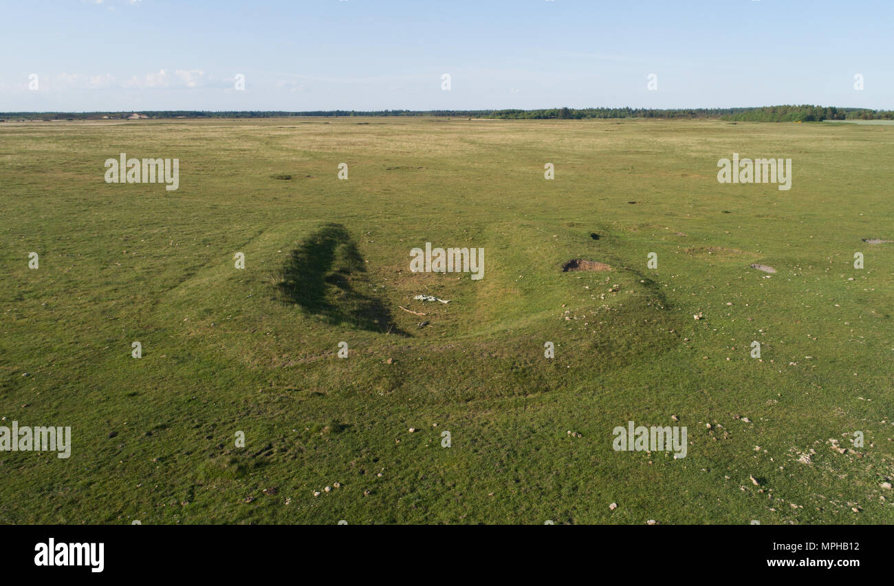 Visible signs from the german occupation during WWII in Denmark; Craters from aircraft shelters on Randbøl Hede (Randbol Heath) - Fliegerhorst Vejle Stock Photo