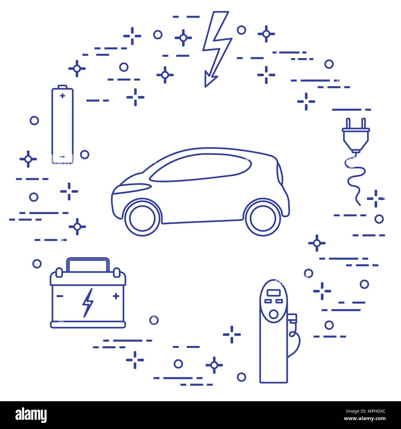 Electric car, battery, charging station, electrical safety sign, cable