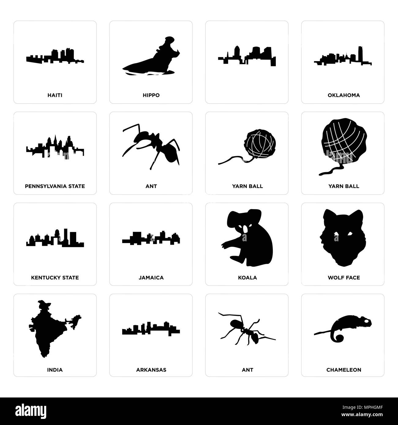 Set Of 16 simple editable icons such as chameleon, ant, arkansas, india, wolf face, haiti, pennsylvania state, kentucky yarn ball can be used for mobi Stock Vector