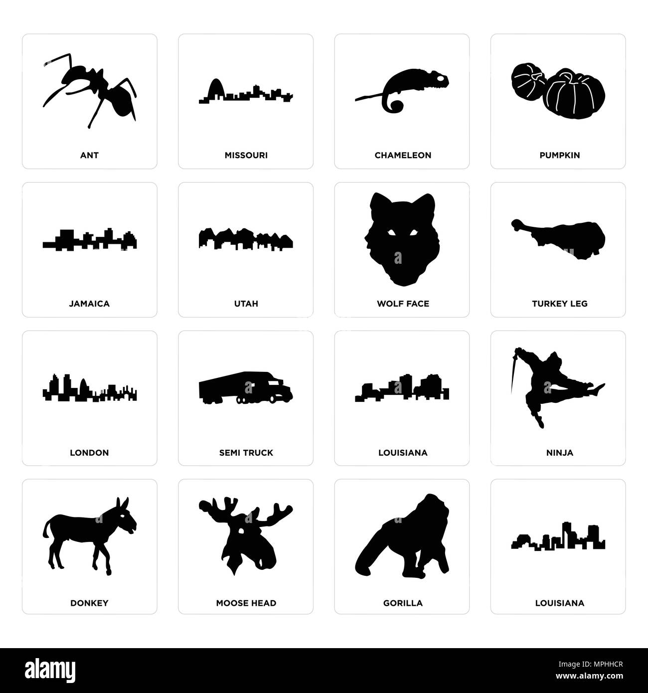 Set Of 16 simple editable icons such as louisiana, gorilla, moose head, donkey, ninja, ant, jamaica, london, wolf face can be used for mobile, web UI Stock Vector