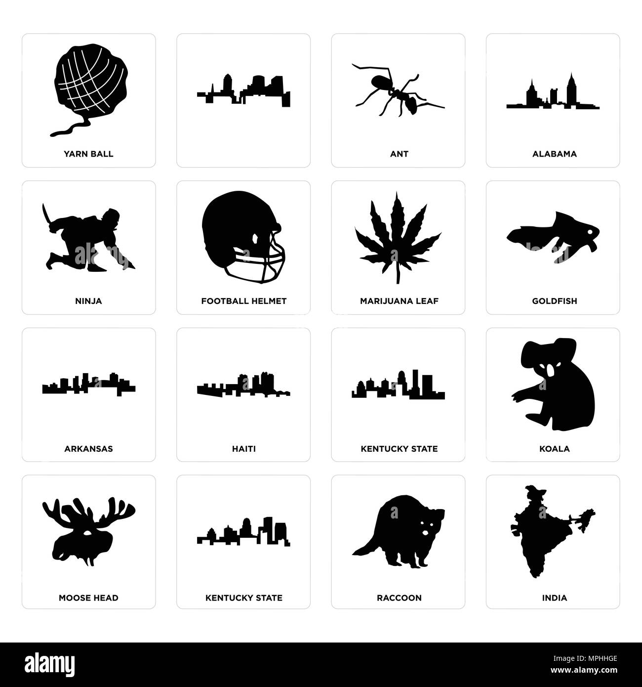 Set Of 16 simple editable icons such as india, raccoon, kentucky state, moose head, koala, yarn ball, ninja, arkansas, marijuana leaf can be used for  Stock Vector