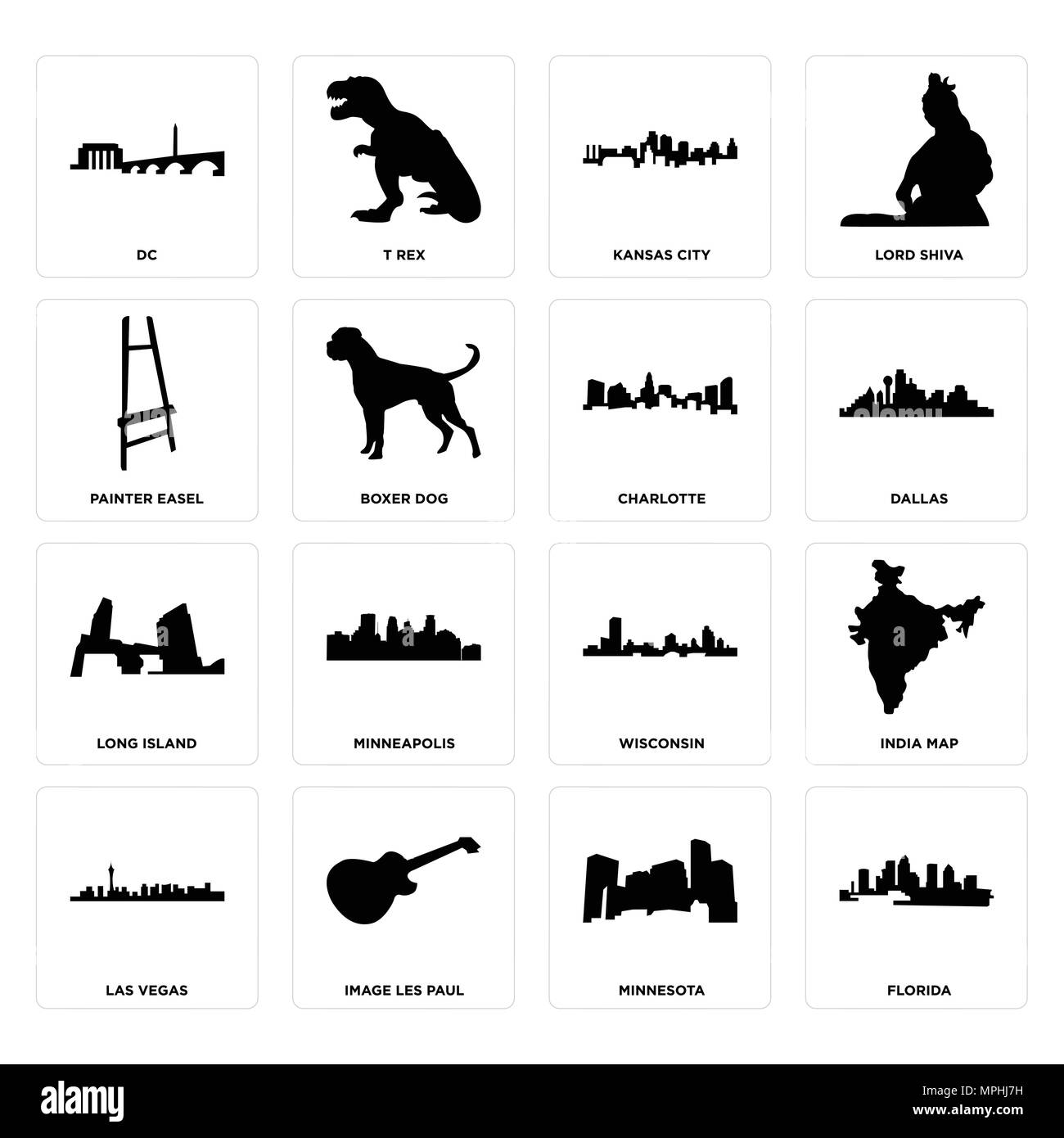 Set Of 16 simple editable icons such as florida, minnesota, image les paul, las vegas, india map, dc, painter easel, long island, charlotte can be use Stock Vector