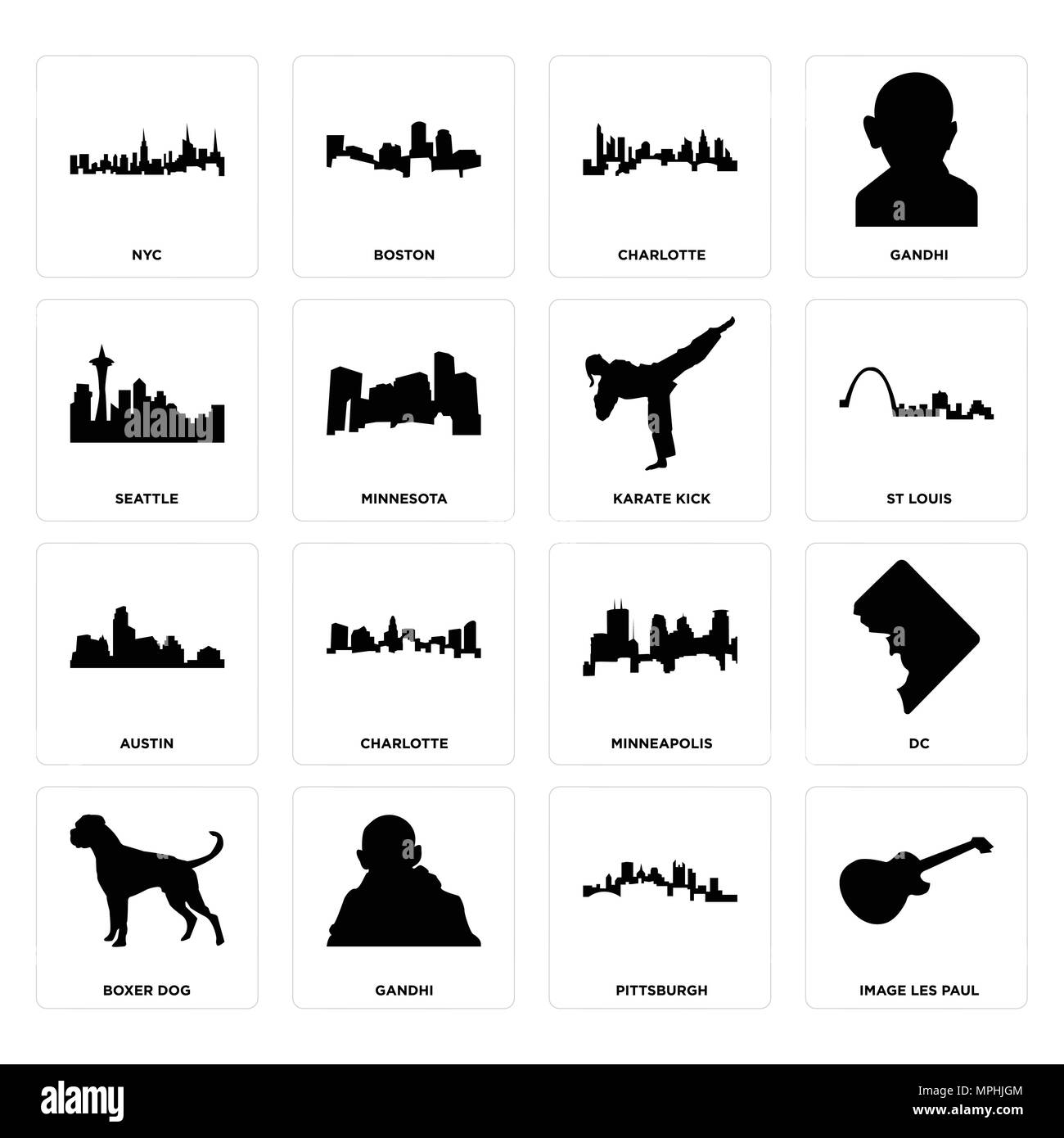 Set Of 16 simple editable icons such as image les paul, pittsburgh, gandhi, boxer dog, dc, nyc, seattle, austin, karate kick can be used for mobile, w Stock Vector