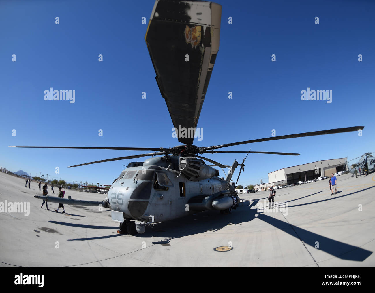 A U.S. Marine Corps CH-53E Super Stallion sits on the flightline at Naval Air Facility El Centro, California, March 11, 2017, during the 2017 NAF El Centro Airshow. The CH-53 is the heaviest and largest helicopter used in the U.S. military, capable of carrying 16 tons of cargo or enough Marines for combat or humanitarian missions. (U.S. Air Force photo by Airman 1st Class Kirby Turbak/Released) Stock Photo