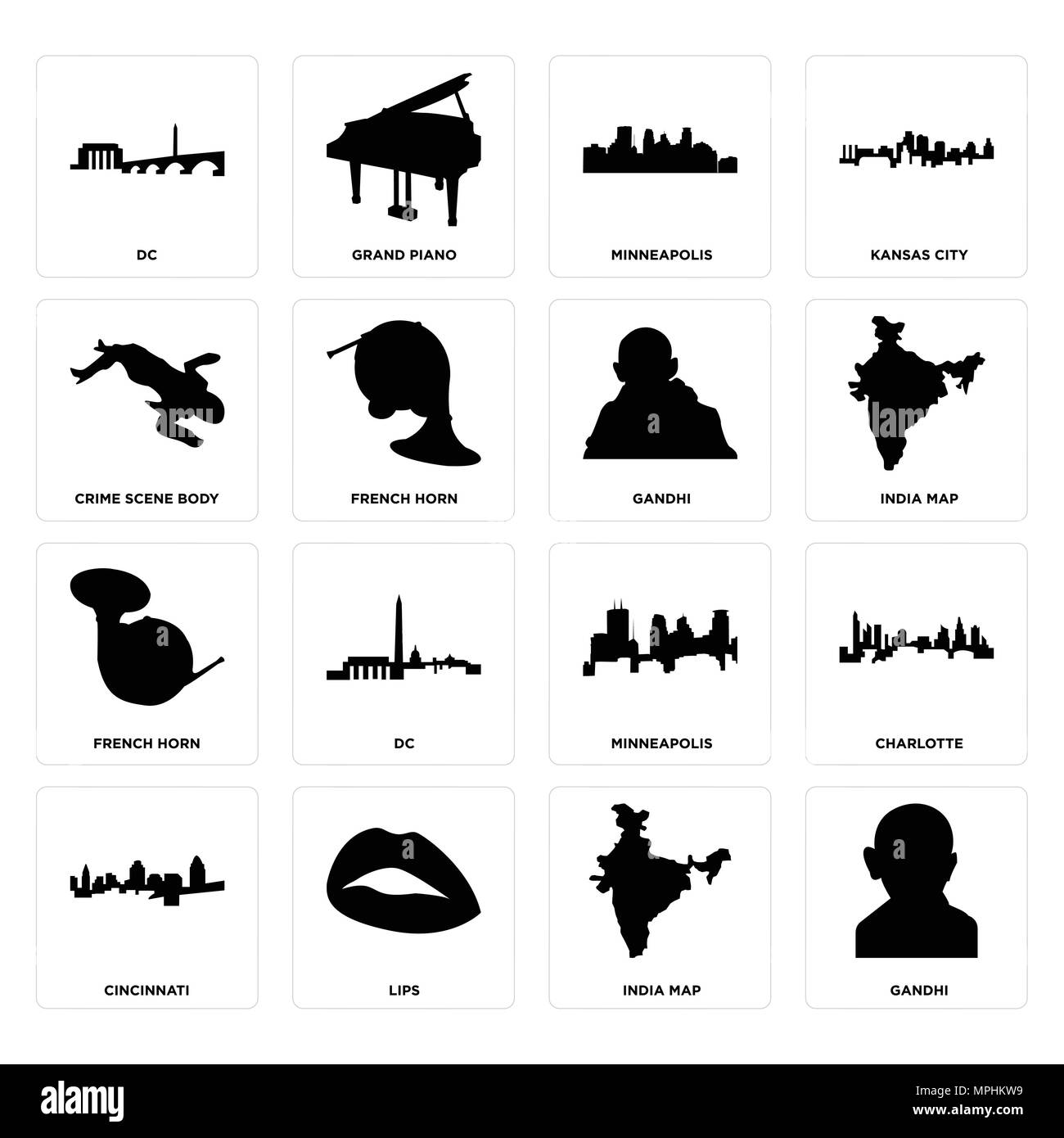 Set Of 16 simple editable icons such as gandhi, india map, lips, cincinnati, charlotte, dc, crime scene body, french horn, gandhi can be used for mobi Stock Vector