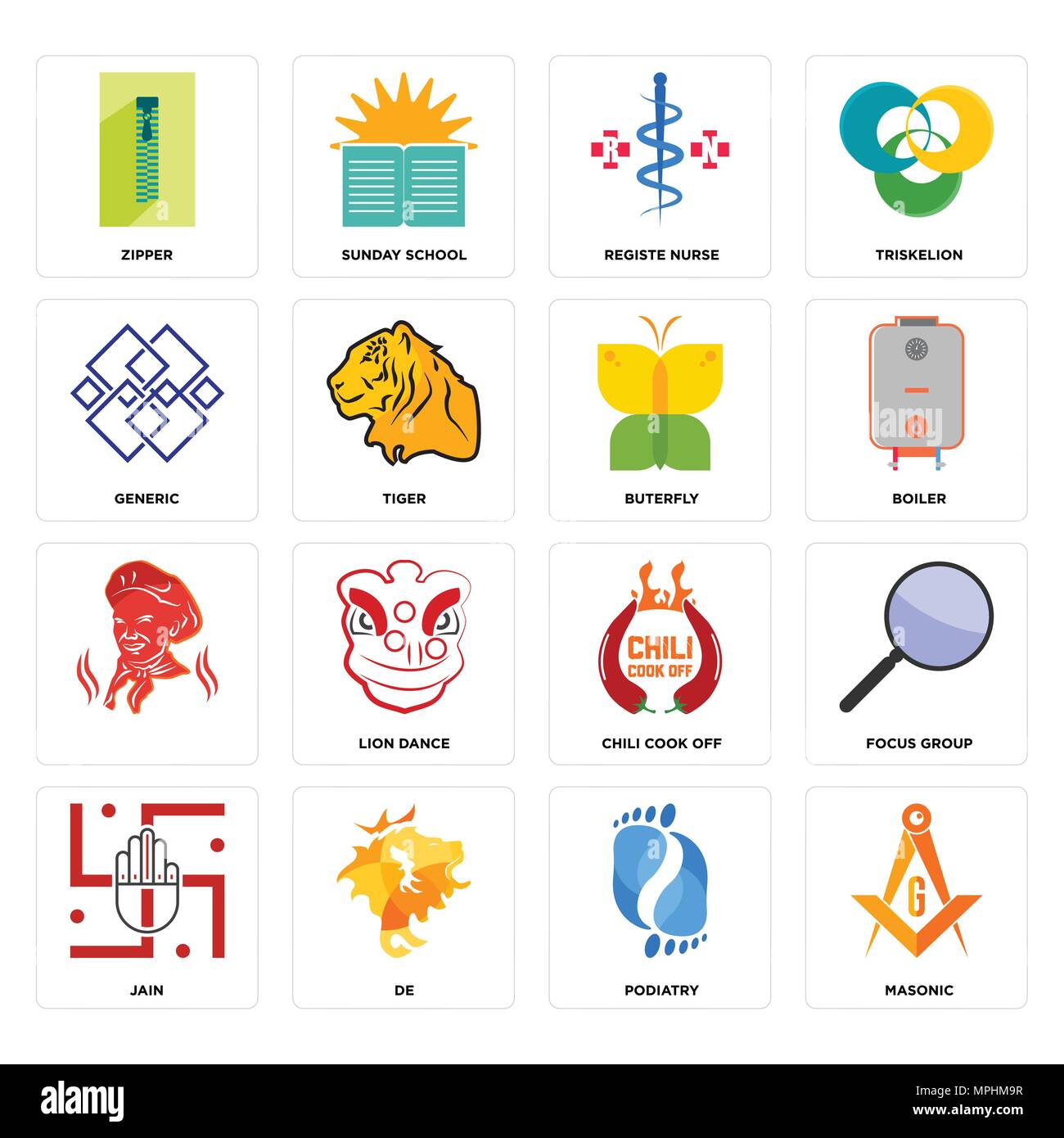 Set Of 16 simple editable icons such as masonic, podiatry, de, jain, focus group, zipper, generic, , buterfly can be used for mobile, web UI Stock Vector