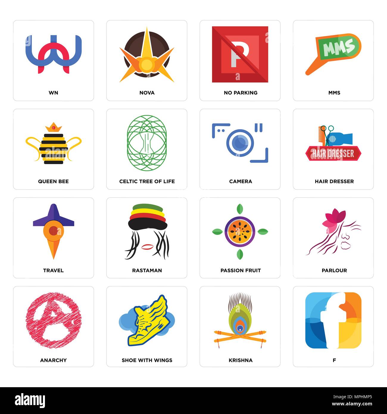 Set Of 16 simple editable icons such as f, krishna, shoe with wings,  anarchy, parlour, wn, queen bee, travel, camera can be used for mobile, web  UI Stock Vector Image & Art -