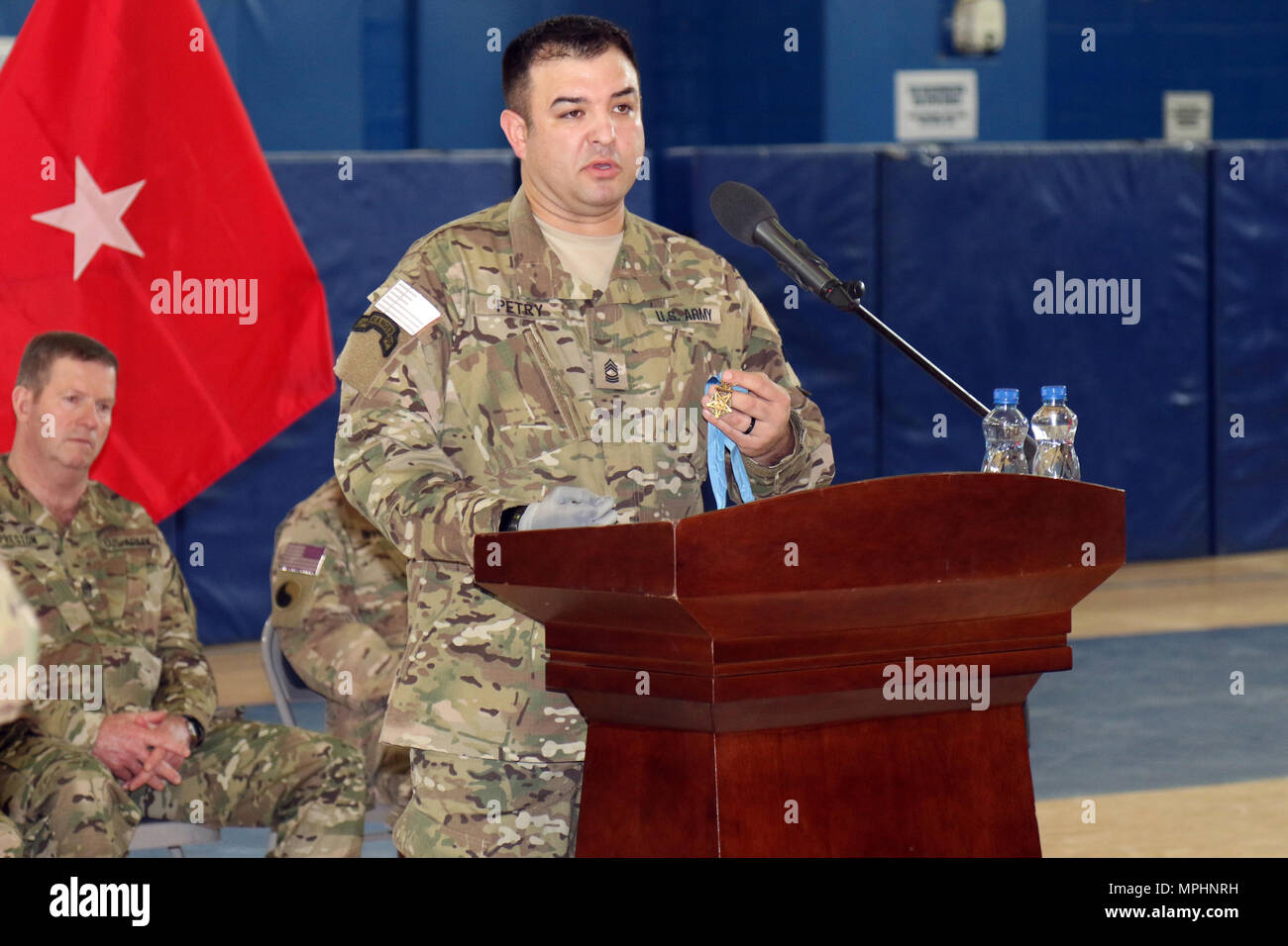 Medal of Honor recipients Army Sgt. 1st Class Leroy Arthur Petry, left, and  Marine Corps Sgt.