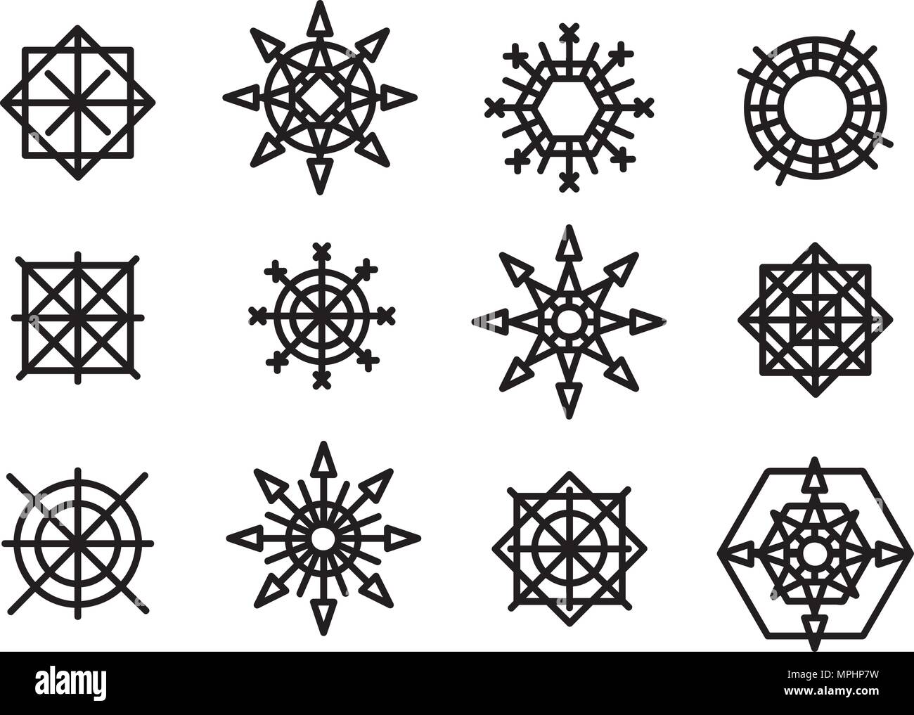 snowflake winter set of black isolated nine icon silhouette on white ...