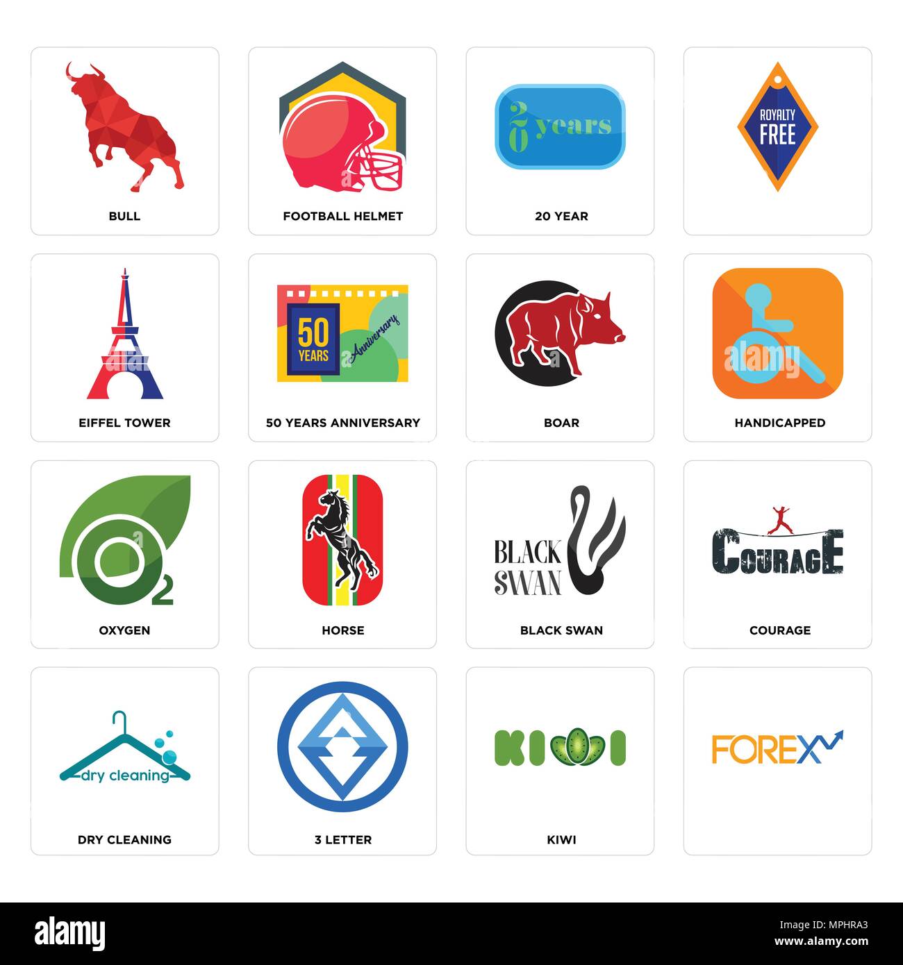 Set Of 16 simple editable icons such as, kiwi, 3 letter, dry cleaning,  courage, bull, eiffel tower, oxygen, boar can be used for mobile, web UI  Stock Vector Image & Art - Alamy