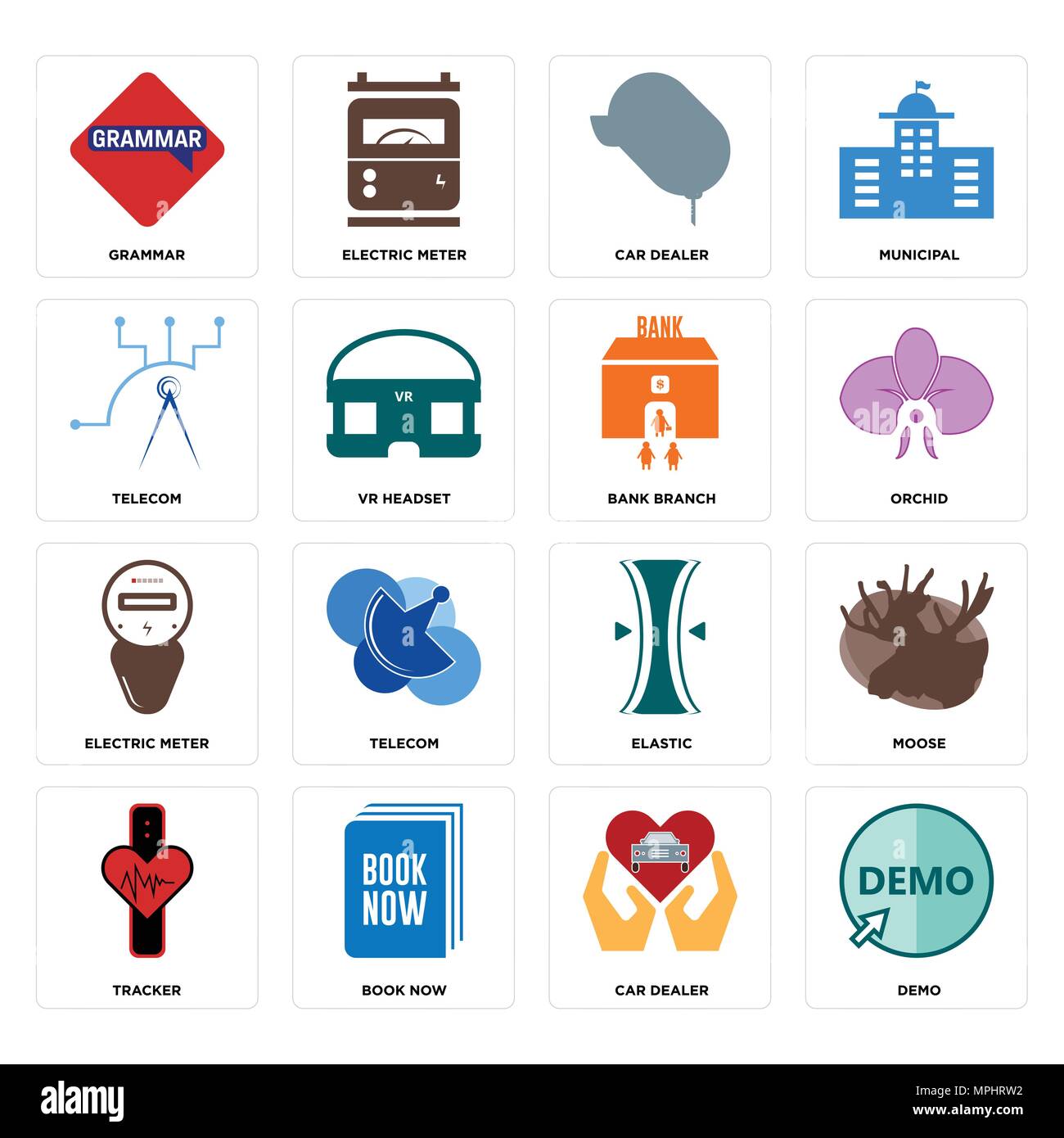 Set Of 16 simple editable icons such as demo, car dealer, book now, tracker, moose, grammar, telecom, electric meter, bank branch can be used for mobi Stock Vector