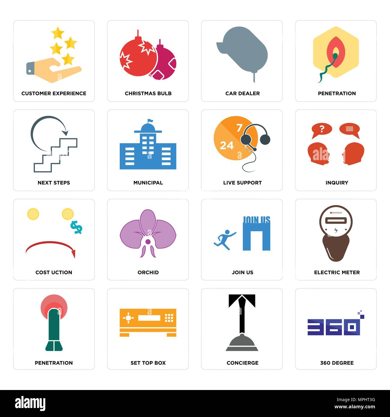 Set Of 16 simple editable icons such as 360 degree, concierge, set top box, penetration, electric meter, customer experience, next steps, cost uction, Stock Vector