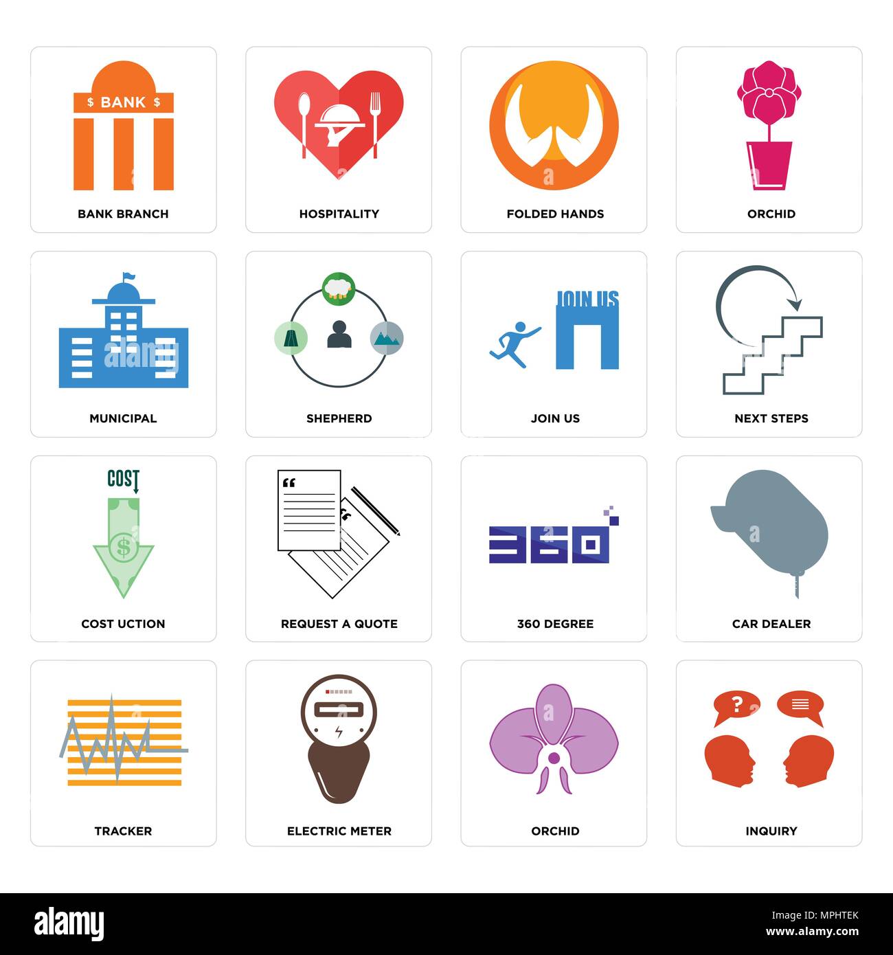 Set Of 16 simple editable icons such as inquiry, orchid, electric meter, tracker, car dealer, bank branch, municipal, cost uction, join us can be used Stock Vector