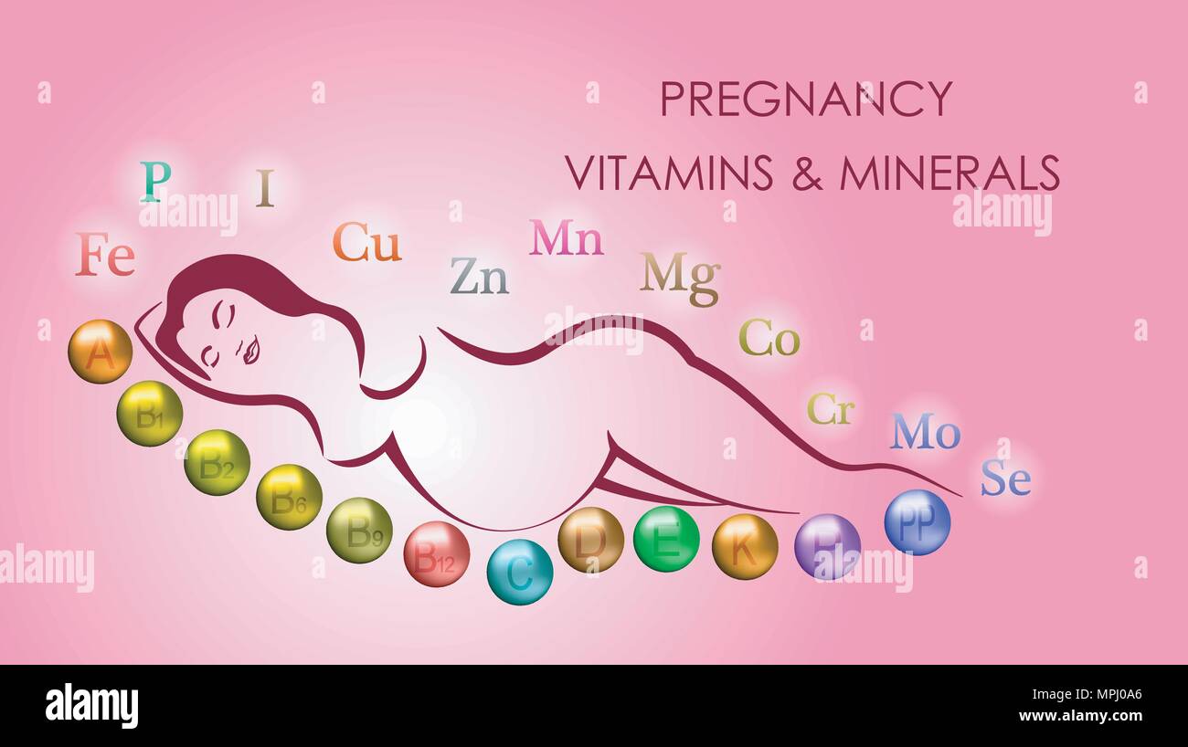 ILLUSTRATION OF PREGNANT WOMAN. VITAMINS AND MINERALS Stock Vector
