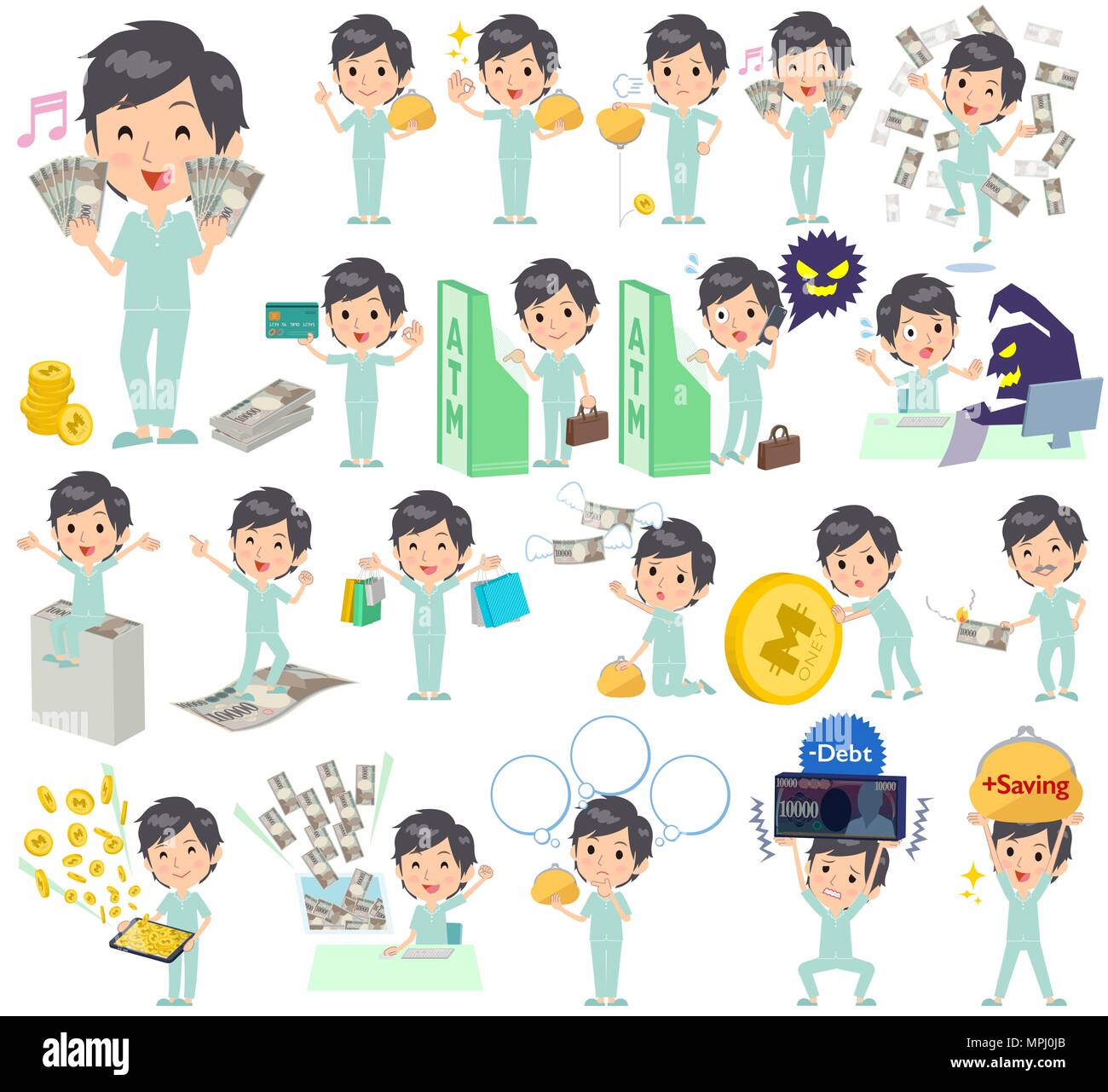 Set of various poses of patient man money Stock Vector