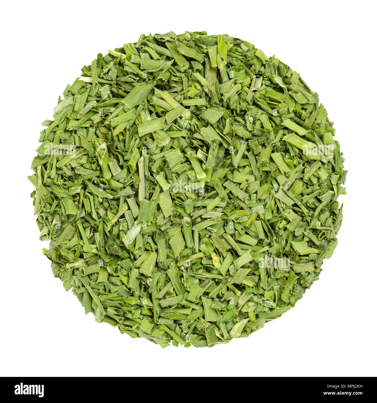Dried chives. Herb circle from above, isolated, over white. Disc made of chopped chives. Allium schoenoprasum. Green herb, made of the leaves. Stock Photo