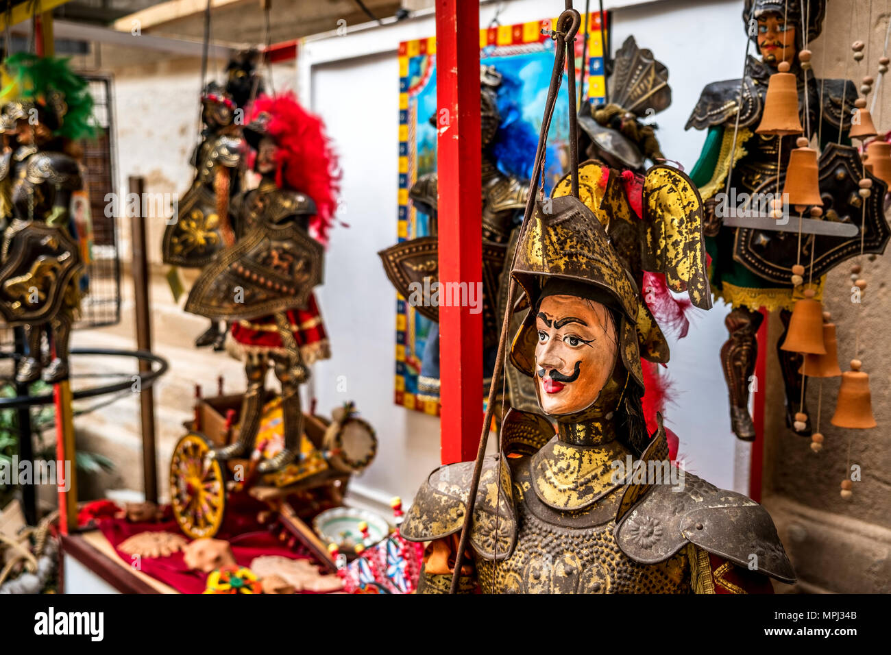 Traditional Sicilian puppets used for The Opera dei Pupi is a theatrical performance of marionettes of romantic poems frank, Italy Stock Photo
