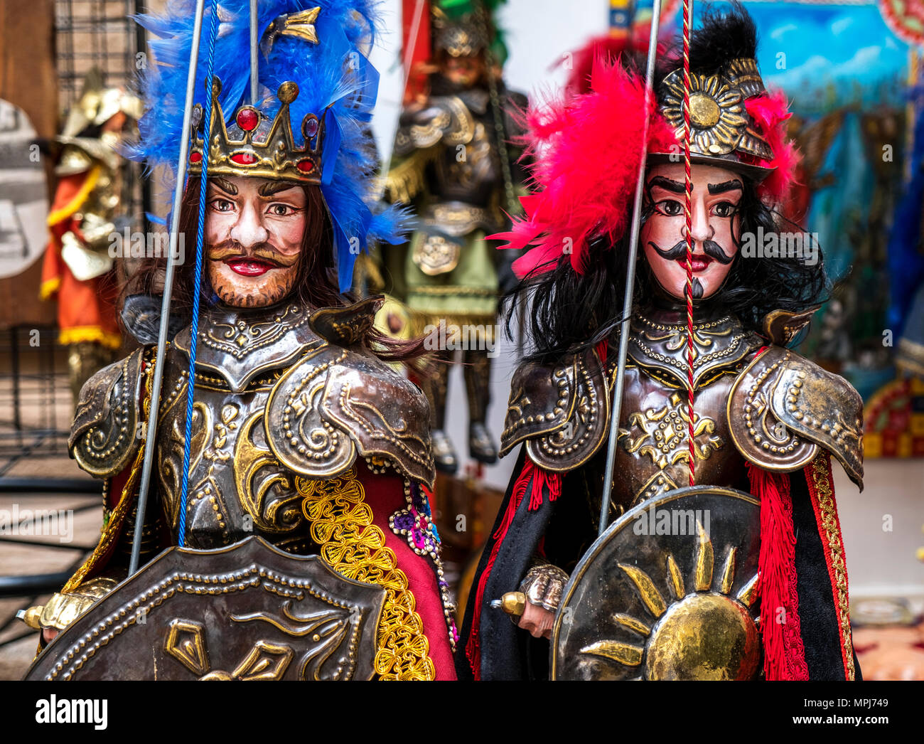 Traditional Sicilian puppets used for The Opera dei Pupi is a theatrical performance of marionettes of romantic poems frank, Italy Stock Photo