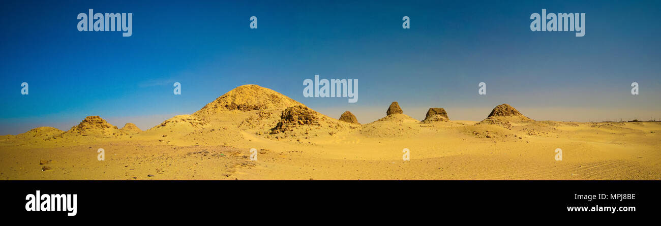 Sunset view to Nuri pyramids in desert at Napata, Karima region , Sudan Stock Photo