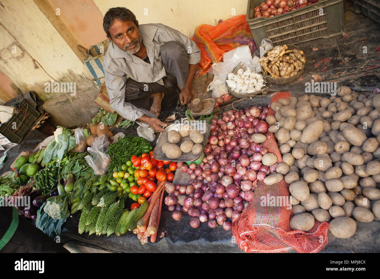 India, West Bengal, Kolkata, Vendor at the vegetable market in the Garia district. Stock Photo