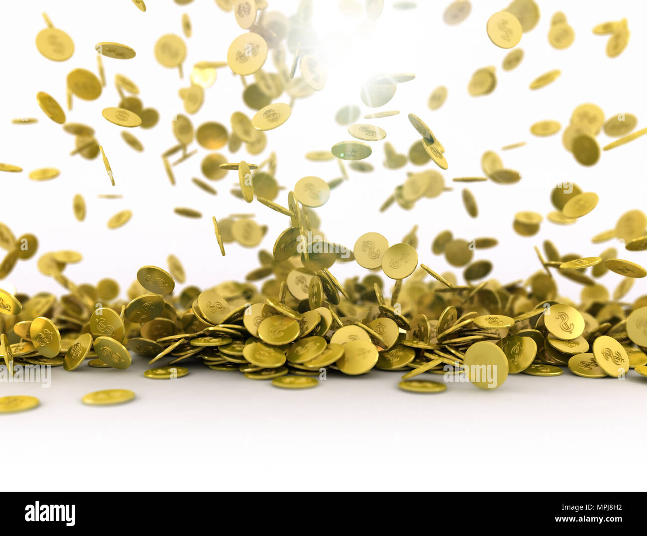 Falling golden coins on white background. 3D illustration Stock Photo ...
