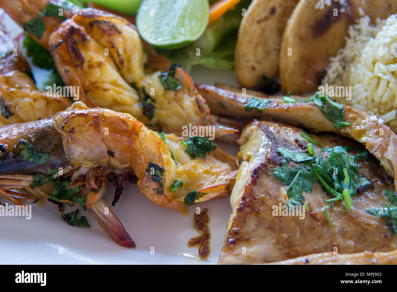 A variety of seafood grill close up macro. King prawns, crab langoustines and fish with torillas, cheese and lime. Stock Photo