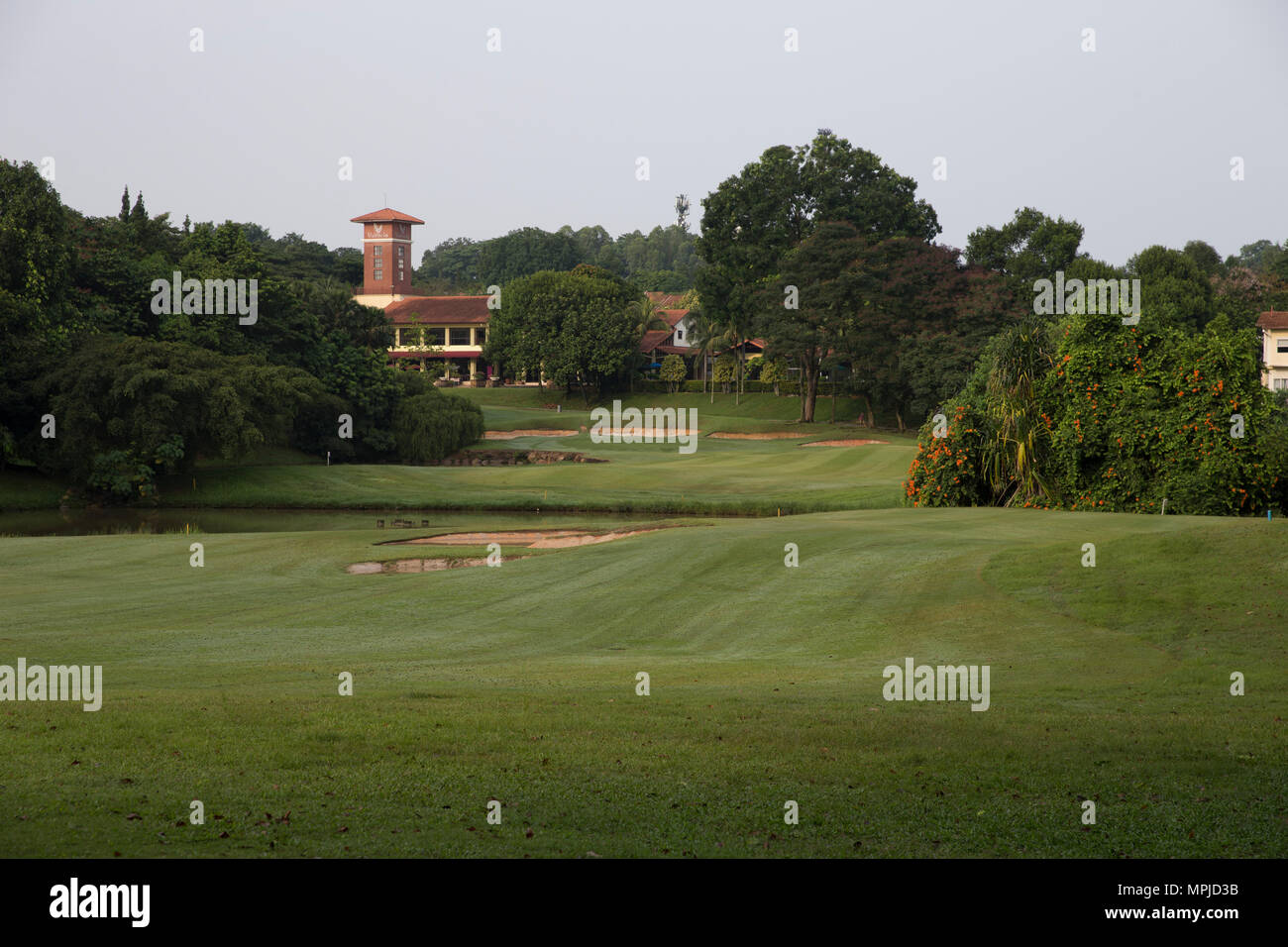 Sign boards on the golf course in an exclusive gated community outside Malaysia's capital Kuala Lumpur. Stock Photo