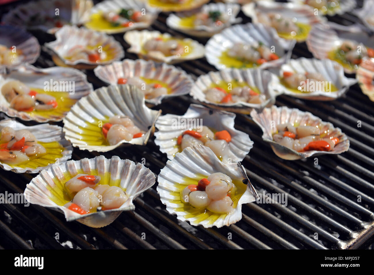 Charcoalgrilled scallop, Italian Cuisine Stock Photo Alamy