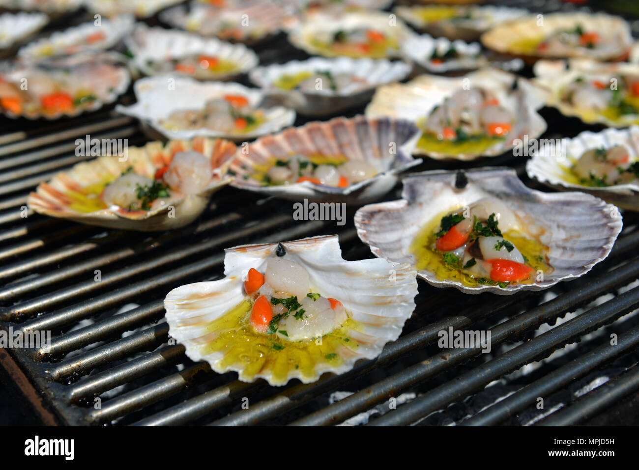 Charcoalgrilled scallop, Italian Cuisine Stock Photo Alamy