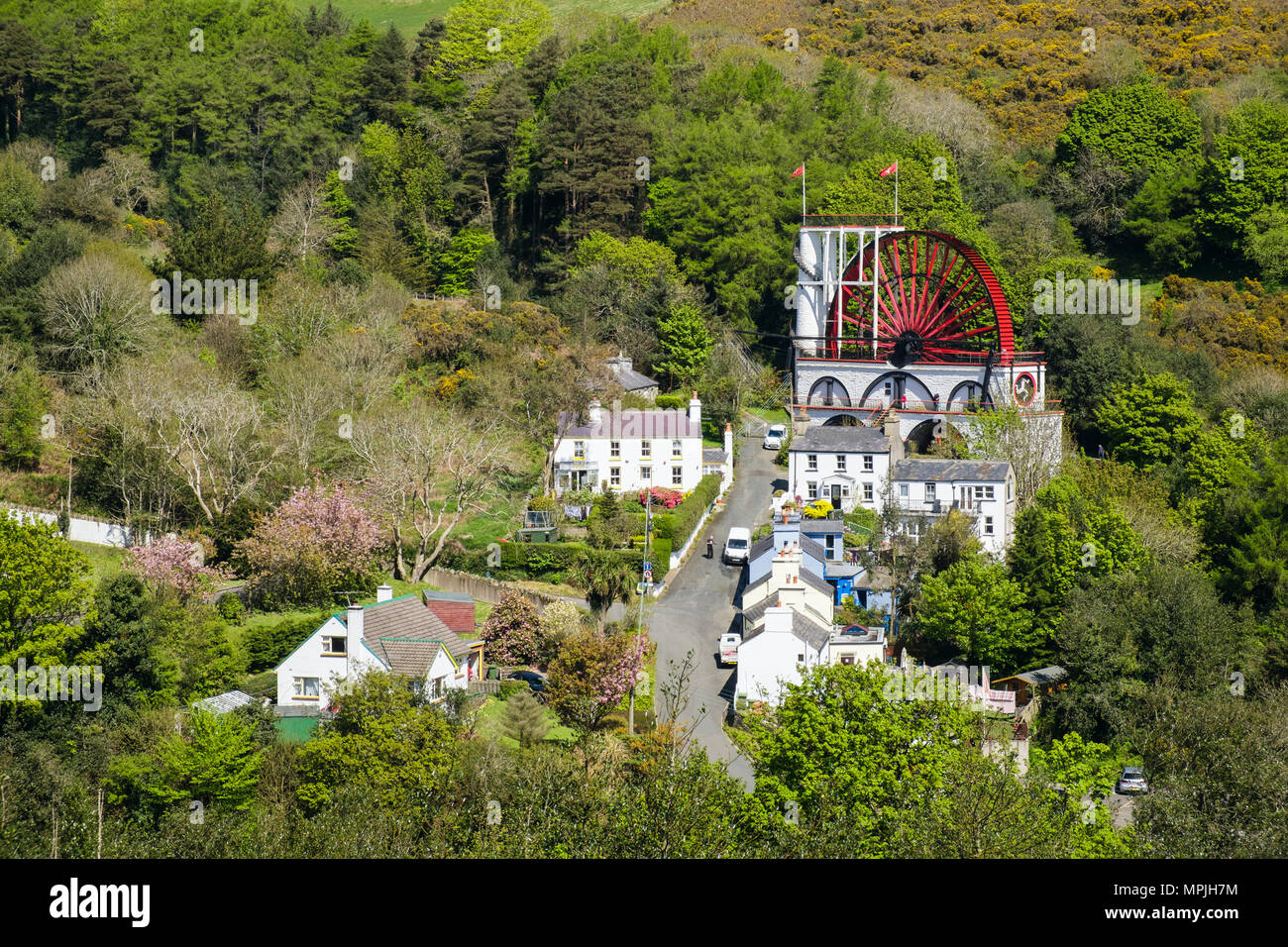 High view of Great Laxey Wheel and houses. Laxey, Isle of Man, British