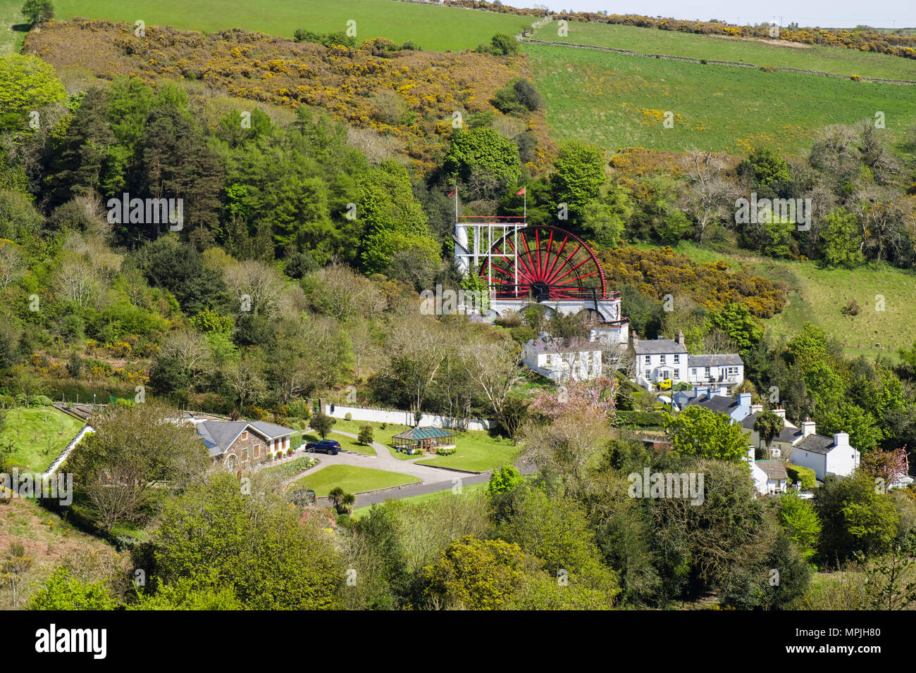High view of Great Laxey Wheel, houses and countryside. Laxey, Isle of