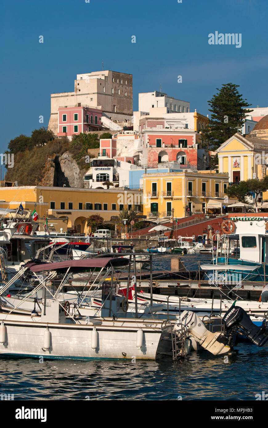 View of Ponza, on the left the Bourbons Tower (today used as hotel), Ponza Island, Lazio, Italy Stock Photo