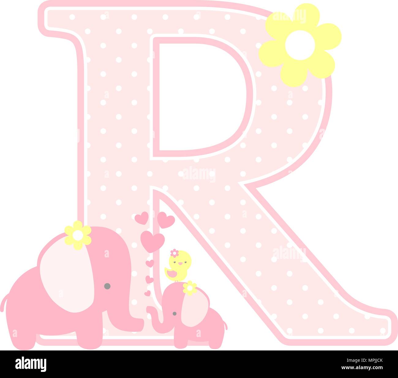 initial r with cute elephant and little baby elephant isolated on white ...