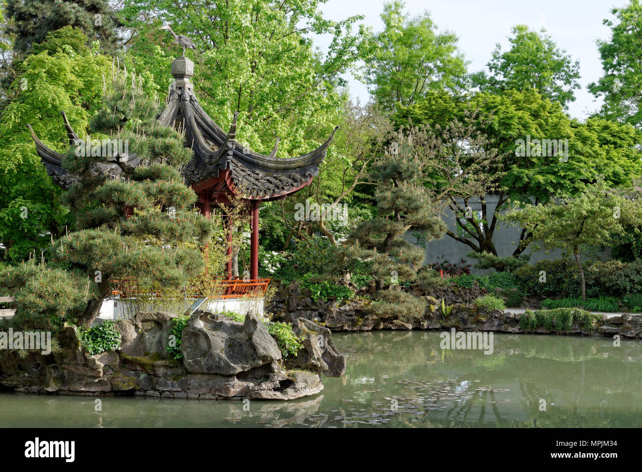 Chinese pagoda and pond in Dr. Sun Yat-Sen Park in Chinatown, Vancouver, BC, Canada Stock Photo