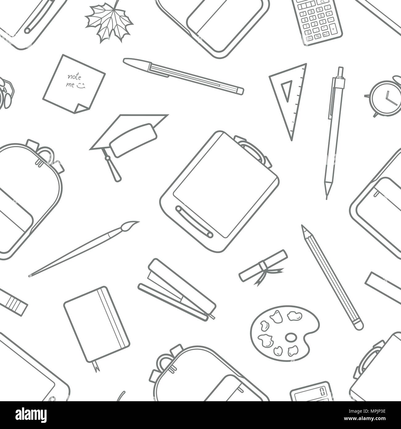 Gray outline stationery random on white background. Seamless pattern