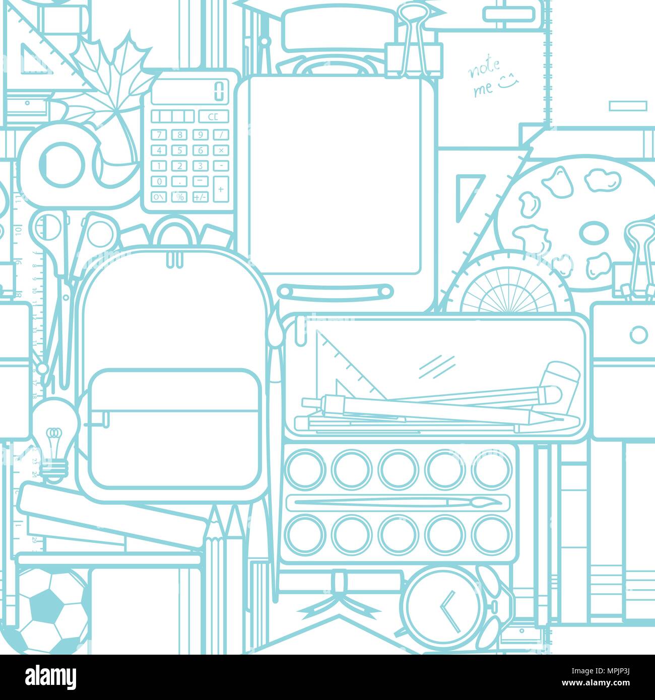 cute pastel blue outline school bags and stationery random on white school background design
