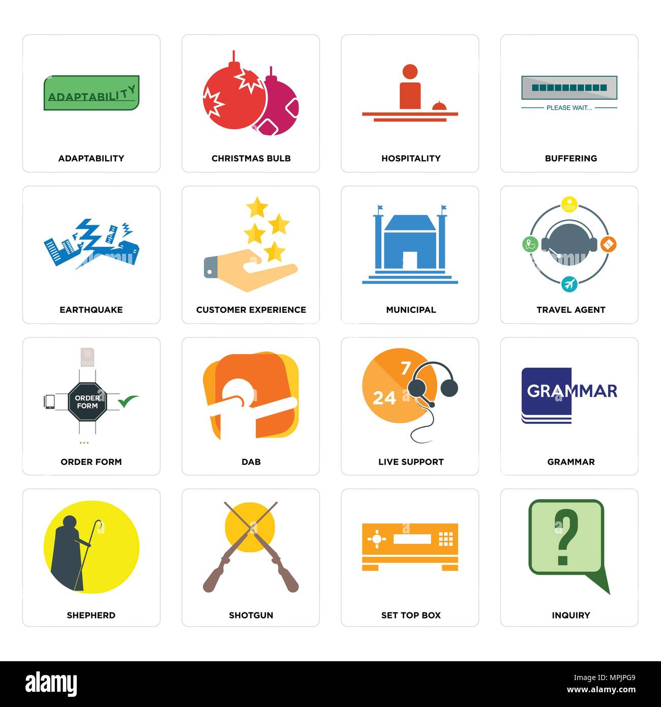 Set Of 16 simple editable icons such as inquiry, set top box, shotgun, shepherd, grammar, adaptability, earthquake, order form, municipal can be used  Stock Vector