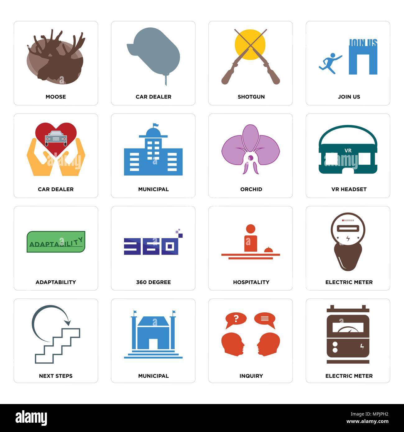 Set Of 16 simple editable icons such as electric meter, inquiry, municipal, next steps, moose, car dealer, adaptability, orchid can be used for mobile Stock Vector