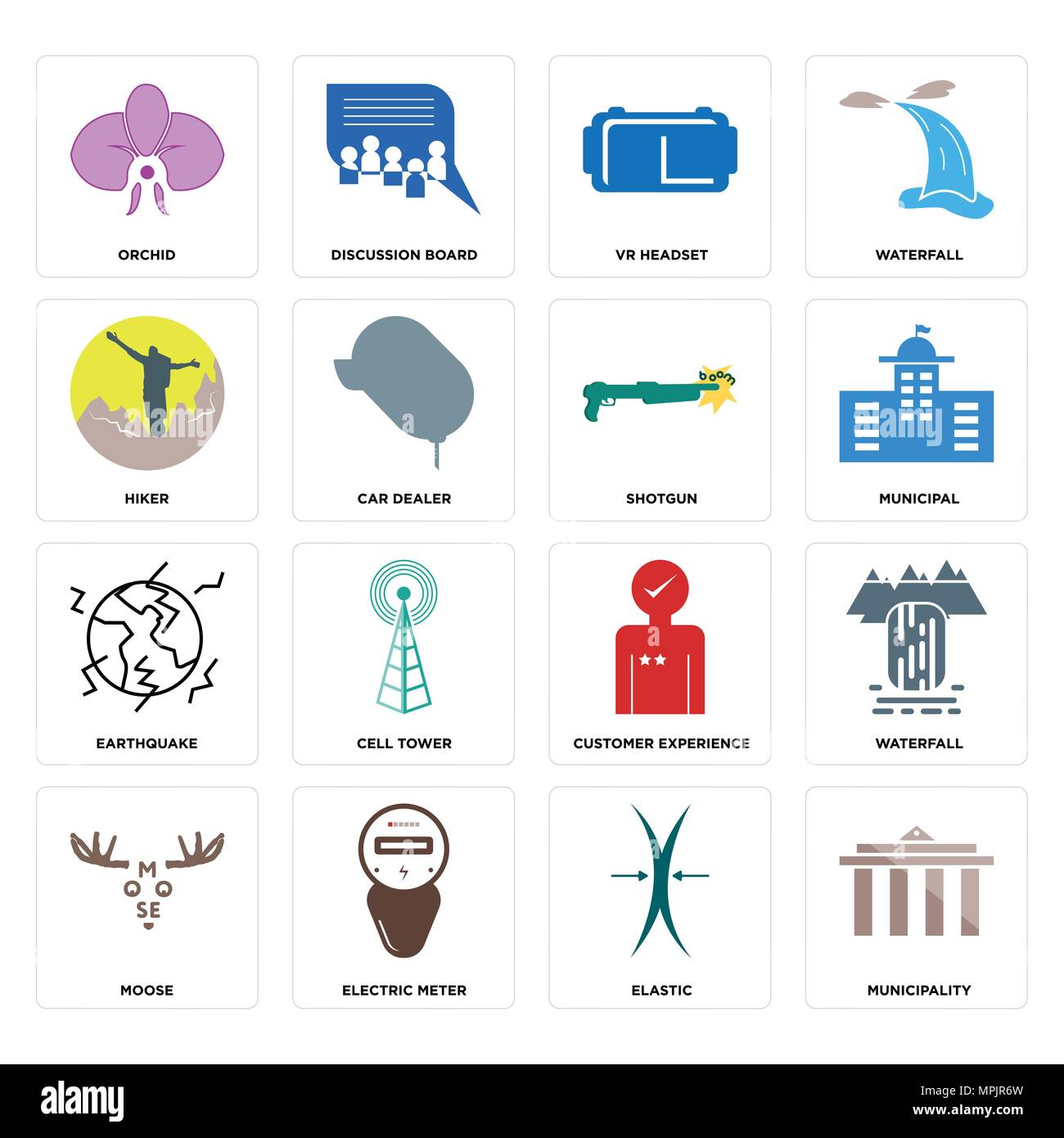 Set Of 16 simple editable icons such as municipality, elastic, electric meter, moose, waterfall, orchid, hiker, earthquake, shotgun can be used for mo Stock Vector