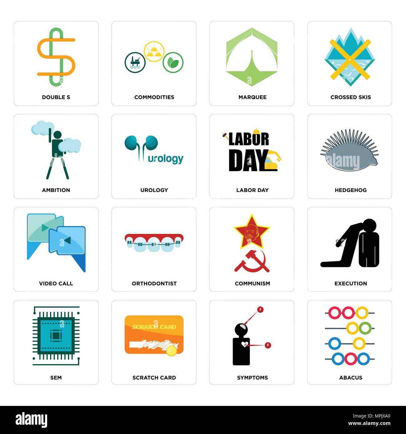 Set Of 16 simple editable icons such as abacus, symptoms, scratch card, sem, execution, double s, ambition, video call, labor day can be used for mobi Stock Vector