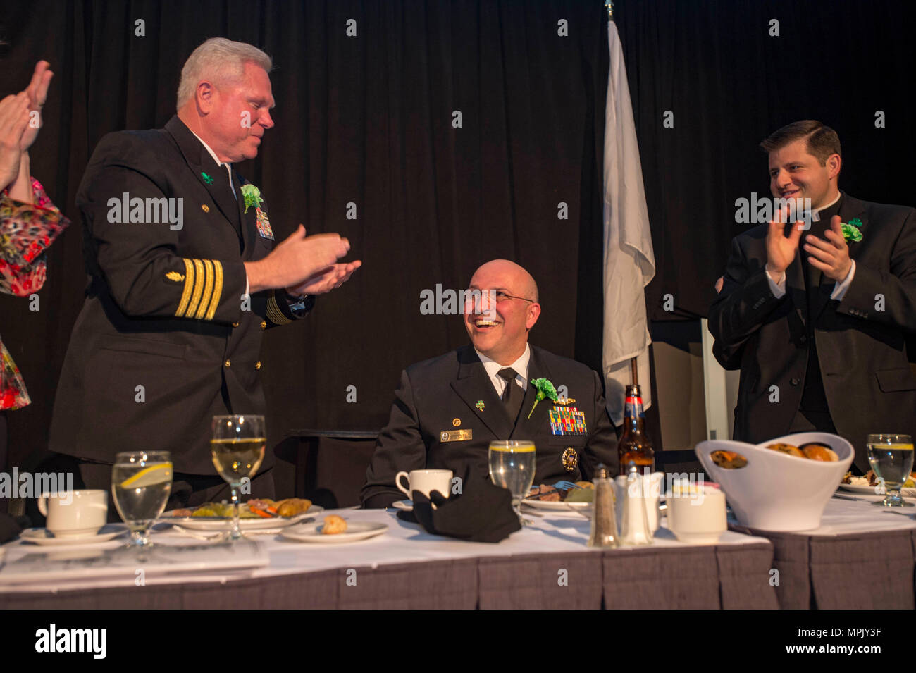 170317-N-WS581- 276    BOSTON (March 17, 2017) The guide-missile cruiser USS San Jacinto (CG 56) Commanding Officer Capt. Dennis Valuez gives a speech at the South Boston Citizen’s Association Evacuation Day Banquet. USS San Jacinto (CG 56) participates in Boston's, St. Patrick’s Day festivities and community programs throughout the city. (U.S. Navy photo by Mass Communication Specialist 2nd class Andrew J. Sneeringer) Stock Photo