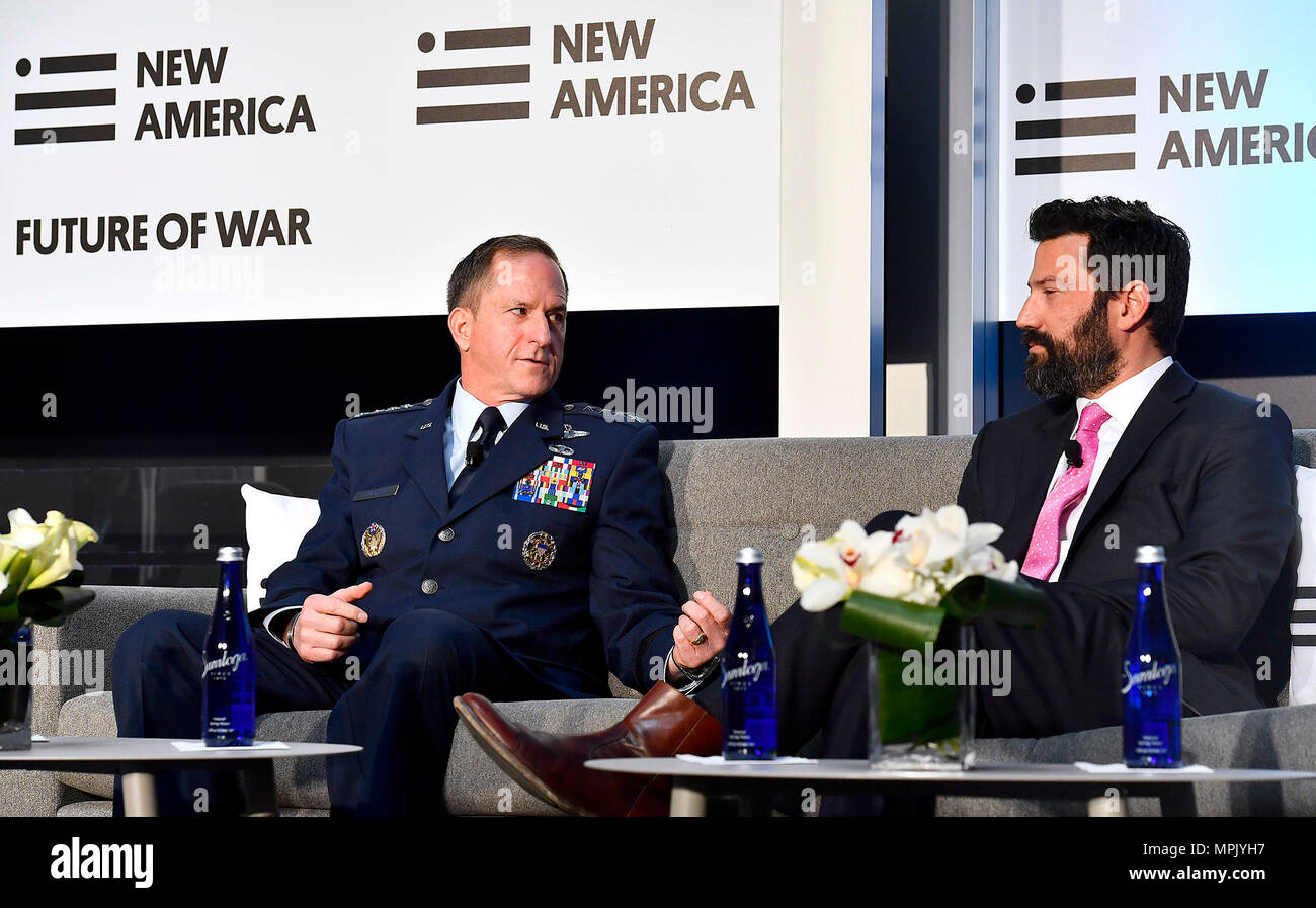 Air Force Chief of Staff Gen. David L. Goldfein discusses the future of warfare with Kevin Baron, from Defense One media outlet, at New America ASU 'Future of War' conference, March 21, 2017, in Washington, D.C.  (U.S. Air Force photo/Scott M. Ash) Stock Photo