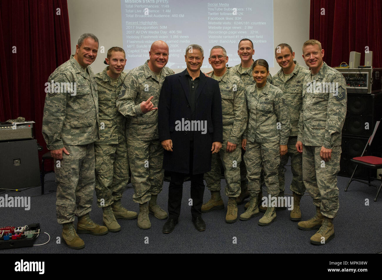 Actor Gary Sinise poses for a photo with Max Impact, the premier United States Air Force rock band as he visits the United States Air Force Band building at Joint Base Anacostia-Bolling, Washington D.C., as part of a USO tour Mar. 21, 2017. (Photo by Senior Master Sgt. Adrian Cadiz)(Released) Stock Photo